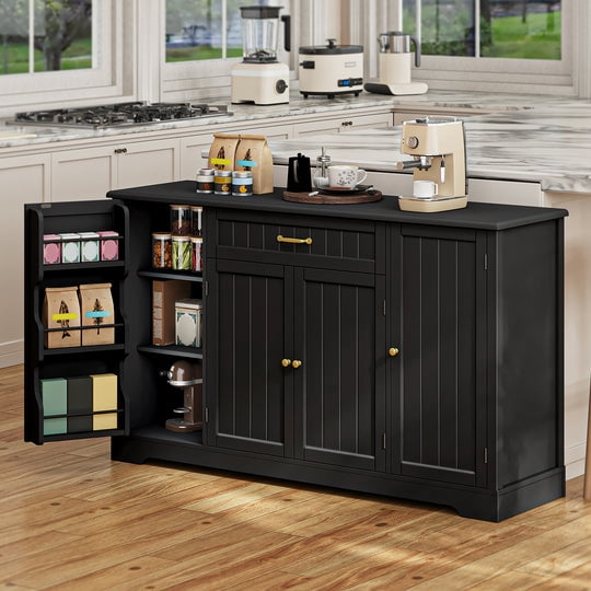 Buffet Cabinet, Aiho Coffee Bar Cabinet with 1 Drawer and 4Doors, 56" Kitchen Storage Cabinet for Kitchen, Living Room and Bathroom - Black