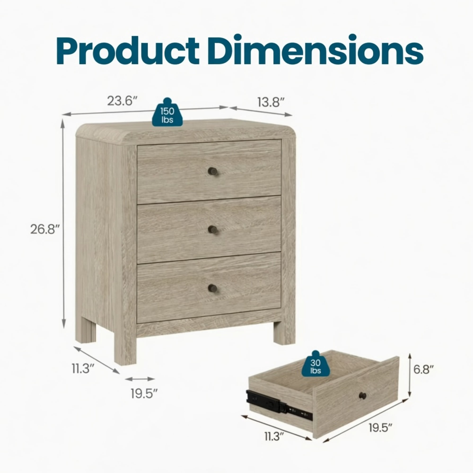 23.6" Width Natural Wood 3 Drawer Chest of Drawers - Modern Rounded Corner Design