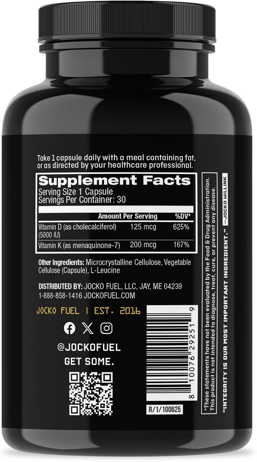 Jocko Vitamin D3 + K2, Bone Density, Calcium, Hormonal Regulation, 30 count