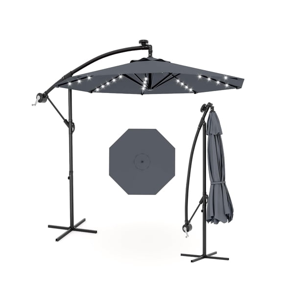 Grey 10FT Cantilever Patio Umbrella with Cross Base, Infinite Tilt Crank Lift Fade Resistant Garden Shade