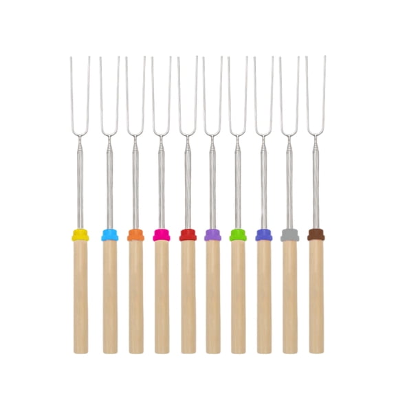 8 Pack 32 Inch Roasting Sticks - Extendable, Stainless Steel, U-Shaped Fork, Wooden Handle, Storage Bag, for Camping/BBQ/Smores