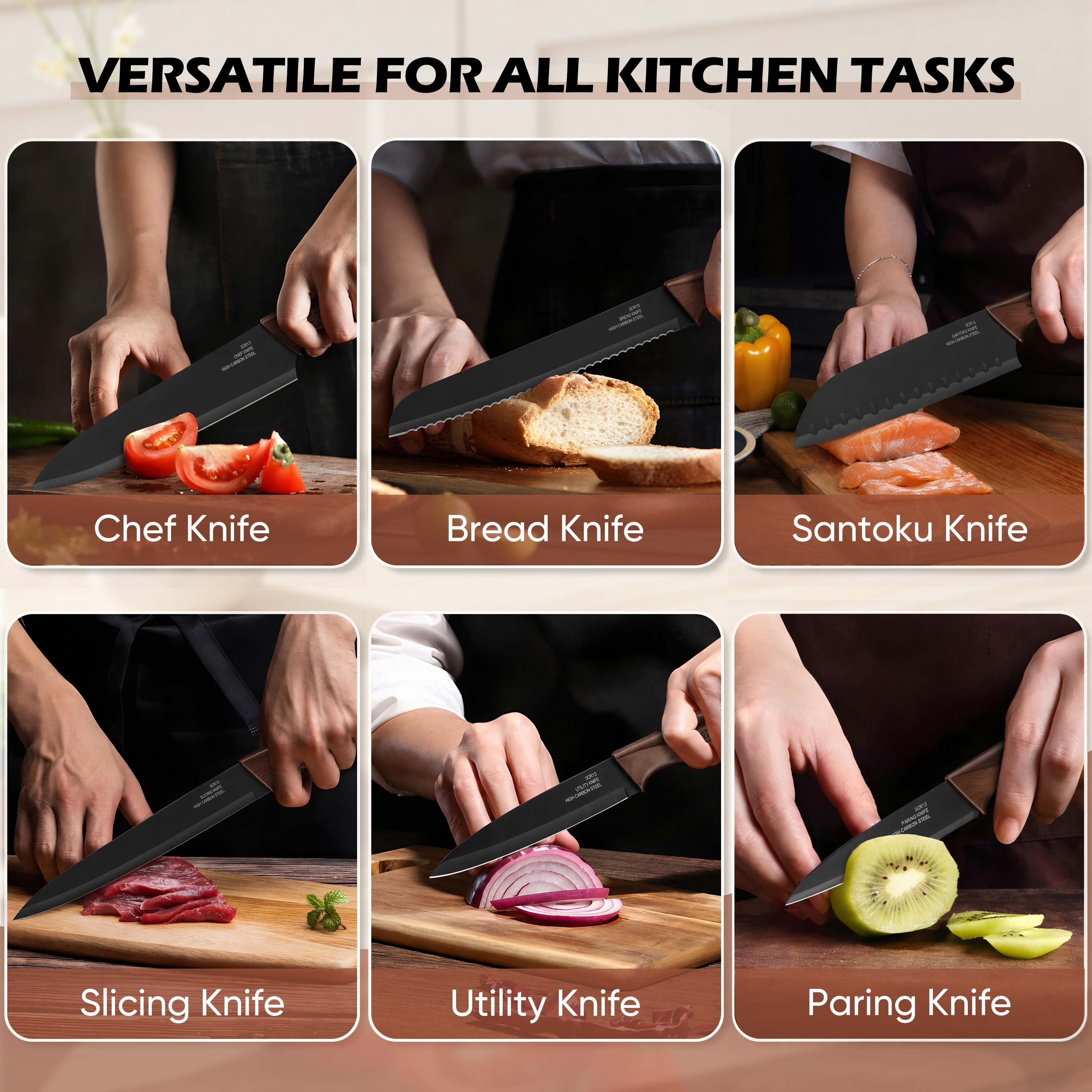 Vesteel Knife Block Set for Kitchen, 15-Piece High Carbon Stainless Steel Knives Set with Ergonomic Handle, Ultra-sharp & Rust Resistant, Walnut Brown