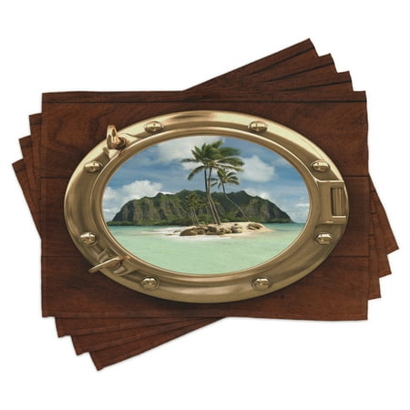 

Hawaiian Placemats Set of 4 Porthole Inside Ship View of a Deserted Island Hill Cliff Tropical Holiday Washable Fabric Place Mats for Dining Room Kitchen Table Decor Brown Gold Green by Ambesonne
