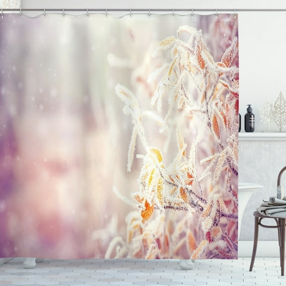 Ambesonne Winter Shower Curtain, Tree Leaves Snowflakes, 69"Wx70"L, Orange Pink White