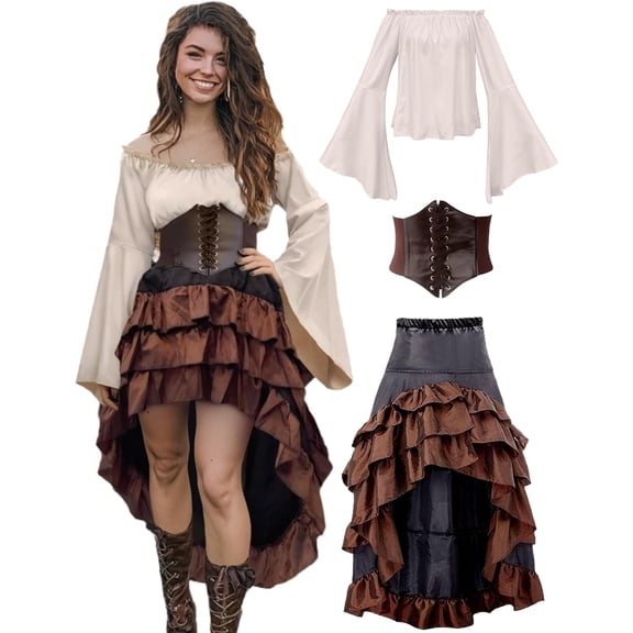 Pirate Costume Women Outfit with Renaissance Pirate Shirt Skirt Corset Waist Belt Womens Halloween Pirate Costumes (Beige brown, S)