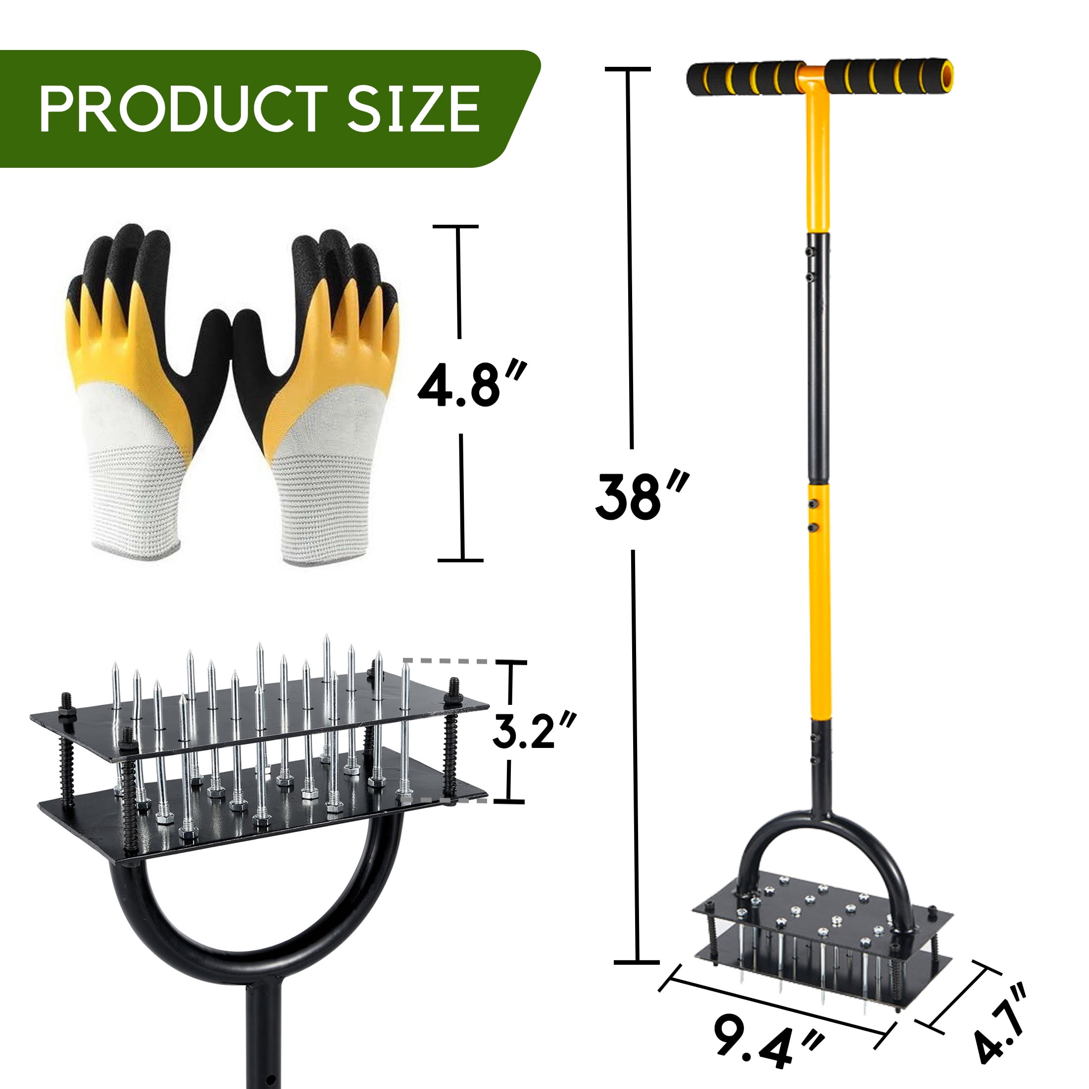 Hyindoor Lawn Aerator Tool, Manual Metal Tool Set with 16 Solid Steel Spikes, Automatic Leaf and Dirt Cleaning with Spring Base Design, Garden Tool for Yard Care（with Gloves）