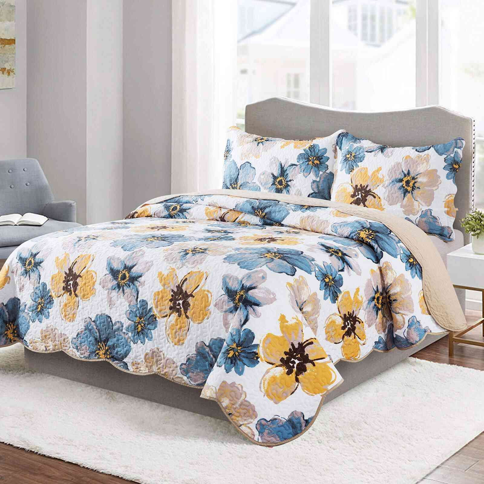 WannaToo Quilts King Size - 3 Piece Microfiber Quilt set Reversible Bedspreads Patchwork Coverlets Floral Bedding Set All Season, Blue and Glod