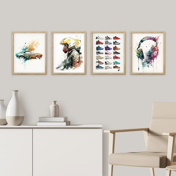 PixonSign Framed Wall Art Sportscar Headphone Sneaker Collage Posters, Set of 4 Boy's Bedroom Illustration Wall Decor Prints, Multicolor Contemporary Wall Décor for Living Room - 8"x10" Natural