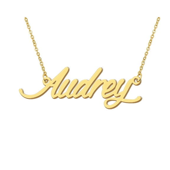 HUAN XUN 18k Gold Plated Audrey Name Necklace Stainless Steel Nameplate Necklaces for Womens Mens Mother Day Christmas Jewelry Gift