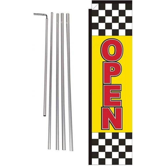 Open Advertising Rectangle Feather Banner Flag Sign with Pole Kit and Ground Spike, Checkered