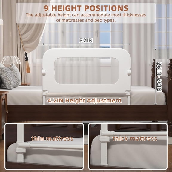 Adjustable Foldable Toddler Bed Rail Guard with Reinforced Anchor, White, 32IN – Fits Twin, Full, Queen & King Beds