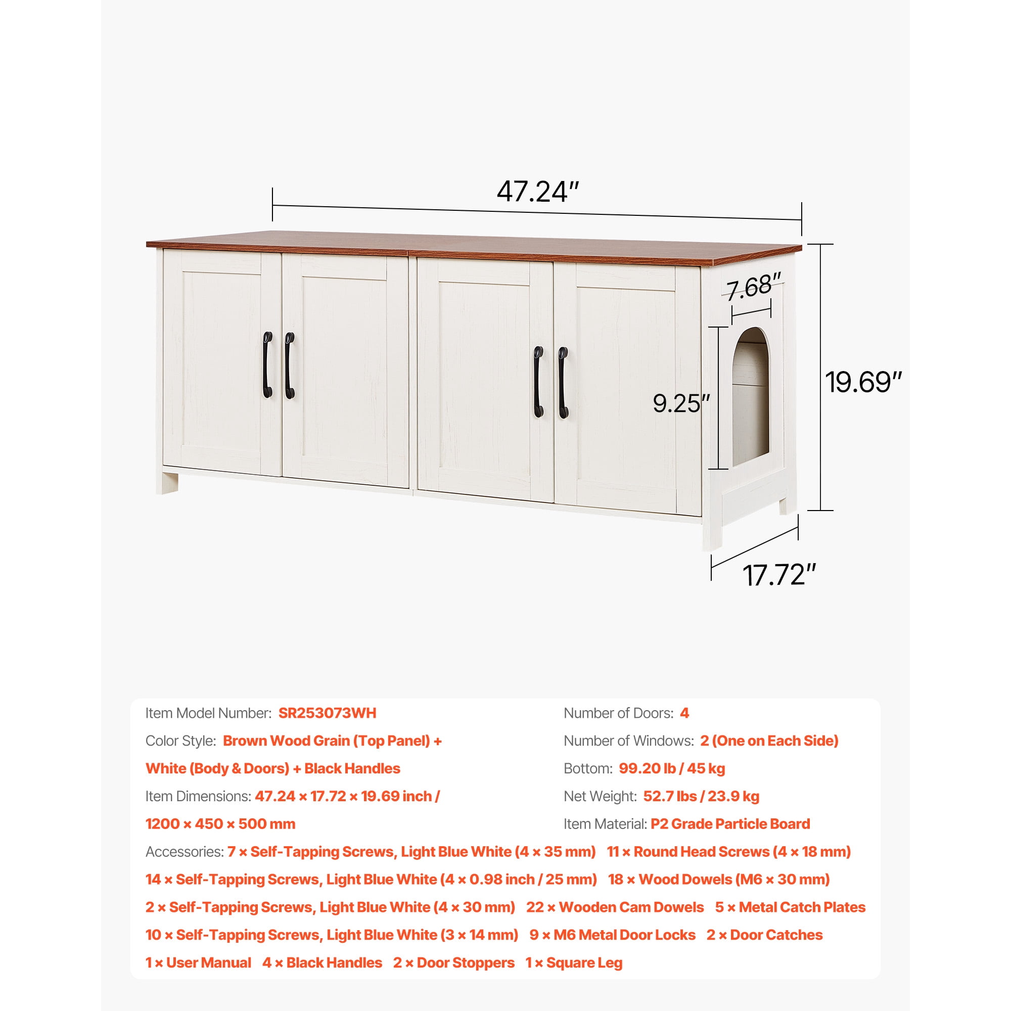 KFFKFF Cat Litter Box Enclosure for Multiple Cats, 47.2-inch Hidden Cabinet with Four Doors and Two Entry Points, Indoor Cat Washroom, Wooden Furniture for Cats, Compatible with Most Litter Boxes