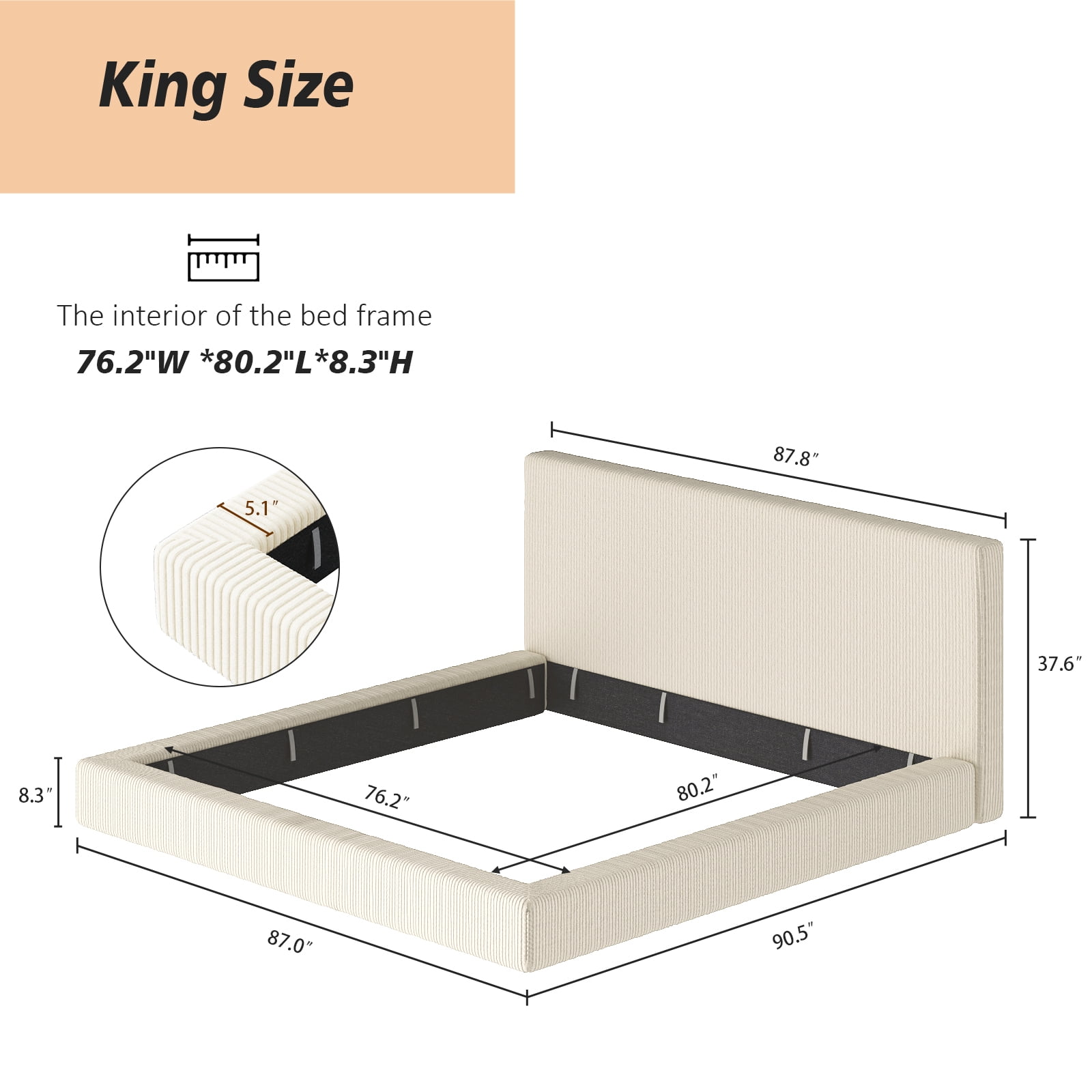 Garitin Bed Surround and King Size Upholstered Bed Frame, Corduroy Cushioned Bed Surround with High Density Sponge for Bedroom, Cream