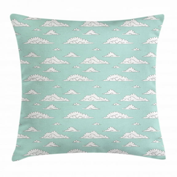 Teal and White Throw Pillow Cushion Cover, Cartoon Style White Fluffy Clouds in the Clear Summer Sky Doodle Pattern, Decorative Square Accent Pillow Case, 20 X 20 Inches, Seafoam White, by Ambesonne