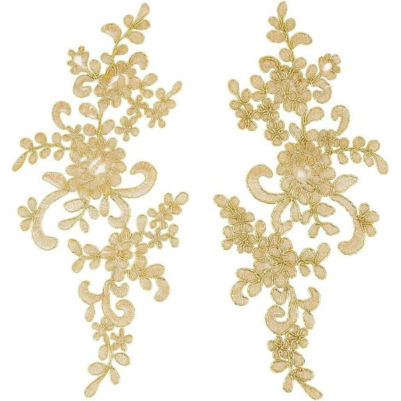 4Pcs Embroidery Lace Appliques Golden Leaf Flowers Patches Polyester Decorative Floral Appliques Dress Gown Sewing Decorations for Fabric DIY Crafting 9x4x0.03 Inch Gold