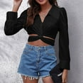 thumbnail image 3 of Women Sexy Crop Top Twist Front Tie Back Blouses Puff Long Sleeve Collared V Neck Cropped Shirts Solid Work Blouse, 3 of 3