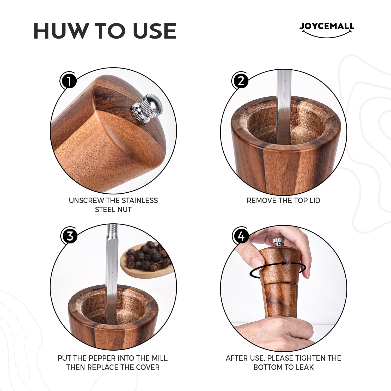 6.5 inch Wood Salt and Pepper Grinder Set, JOYCEMALL Set of 6 Manual Salt and Pepper Grinder with Ceramic Grinding Rotor - Pepper and Salt Mill, Wooden Standing Tray, 2 Cleaning brushes, Spoon