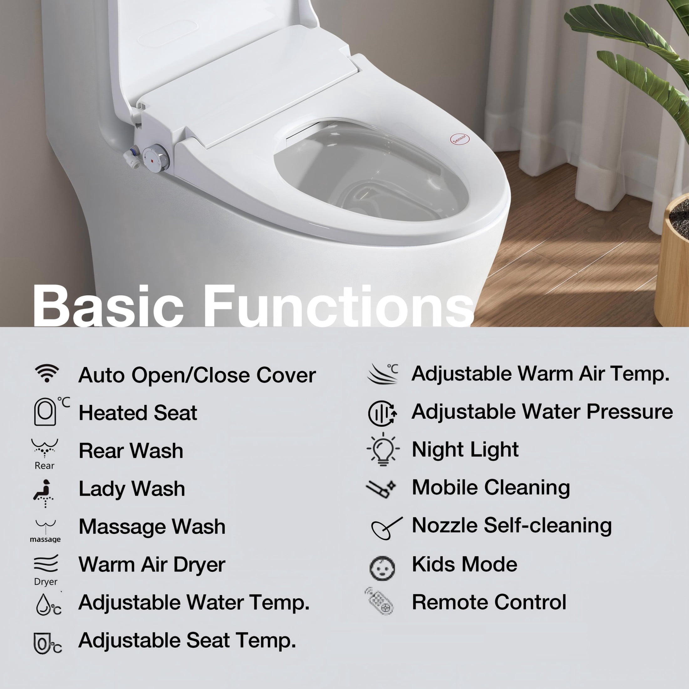 Noble House Electronic Smart Bidet Toilet Seat for Elongated Toilets, Automatic Open Sensor & Heated Seat, White