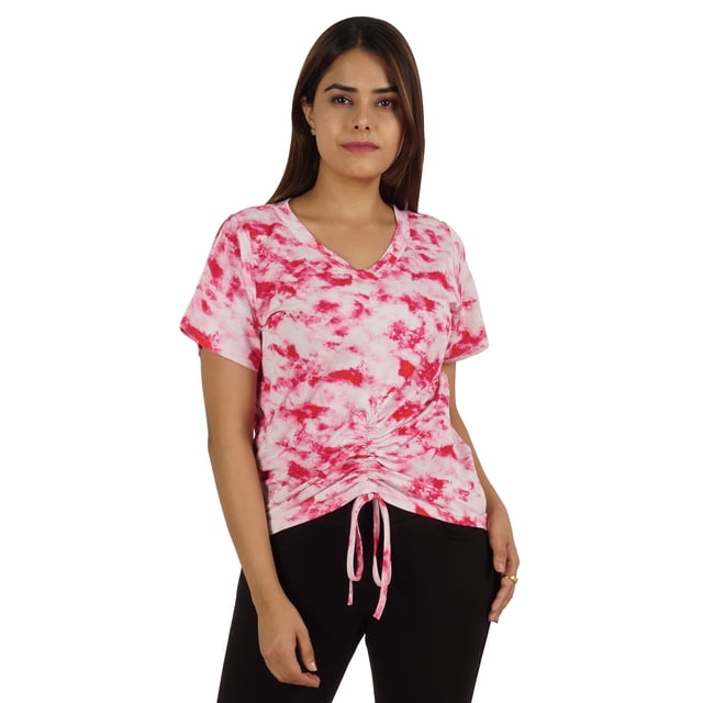 Moomaya T-Shirts Teinture sur Nœuds à Manches Courtes Froncées pour Femmes Col en V Décontracté en Jersey