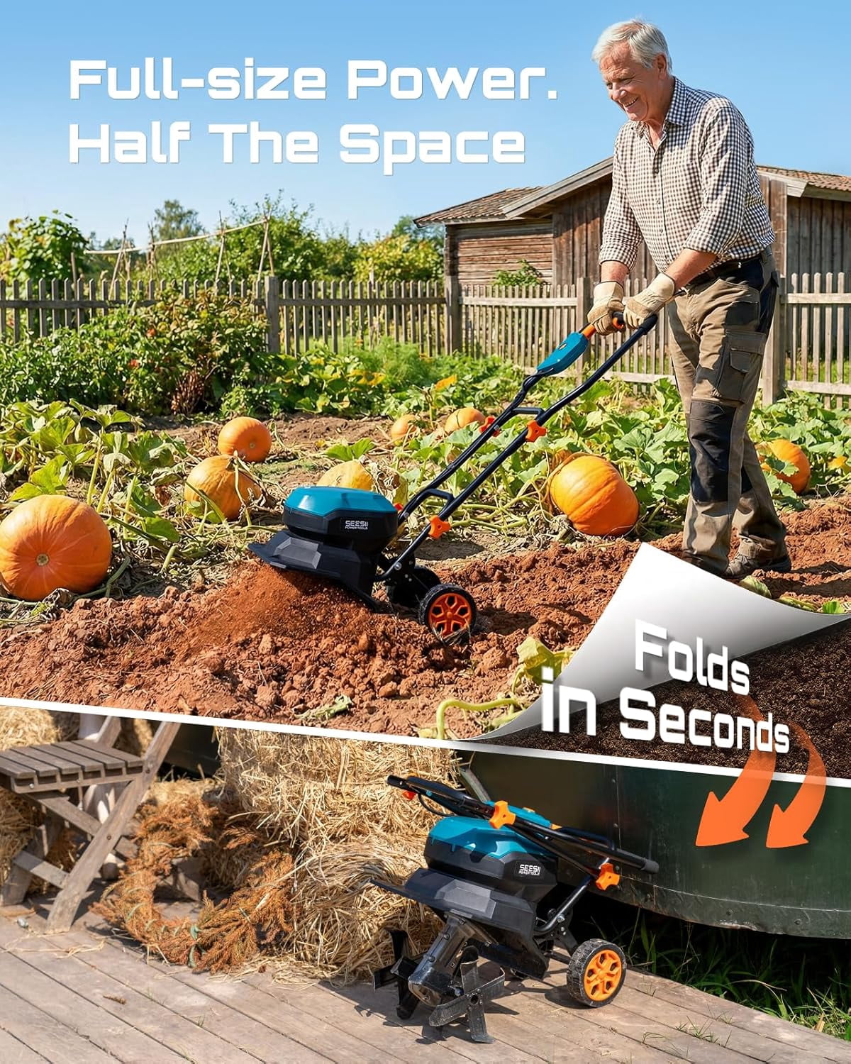 Seesii 40V Cordless Tiller Gardening Rototiller  Adjustable Handle & Wheels, 12" Electric Tiller Cultivator  2×5.0Ah Batteries & Charger