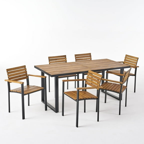 Noble House Laris 7 Piece Wood Top Patio Dining Set in Teak and Black