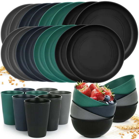 PHANCIR 32pcs Wheat Straw Dinnerware Set, Reusable Kitchen Plates and Bowls , Multi Color,16pcs Plates, 8pcs Bowls, 8pcs Cups