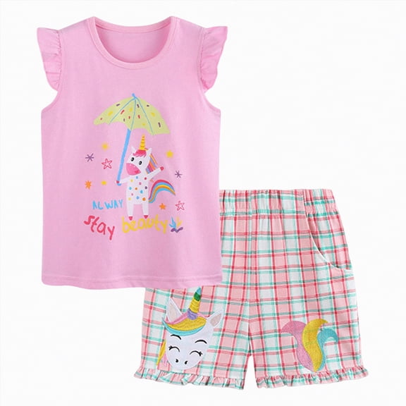 Toddler Girl Tank Outfit Set Toddler Girl Magical Outfit Unicorn Print Tank Top & Plaid Shorts Casual Playwear Set