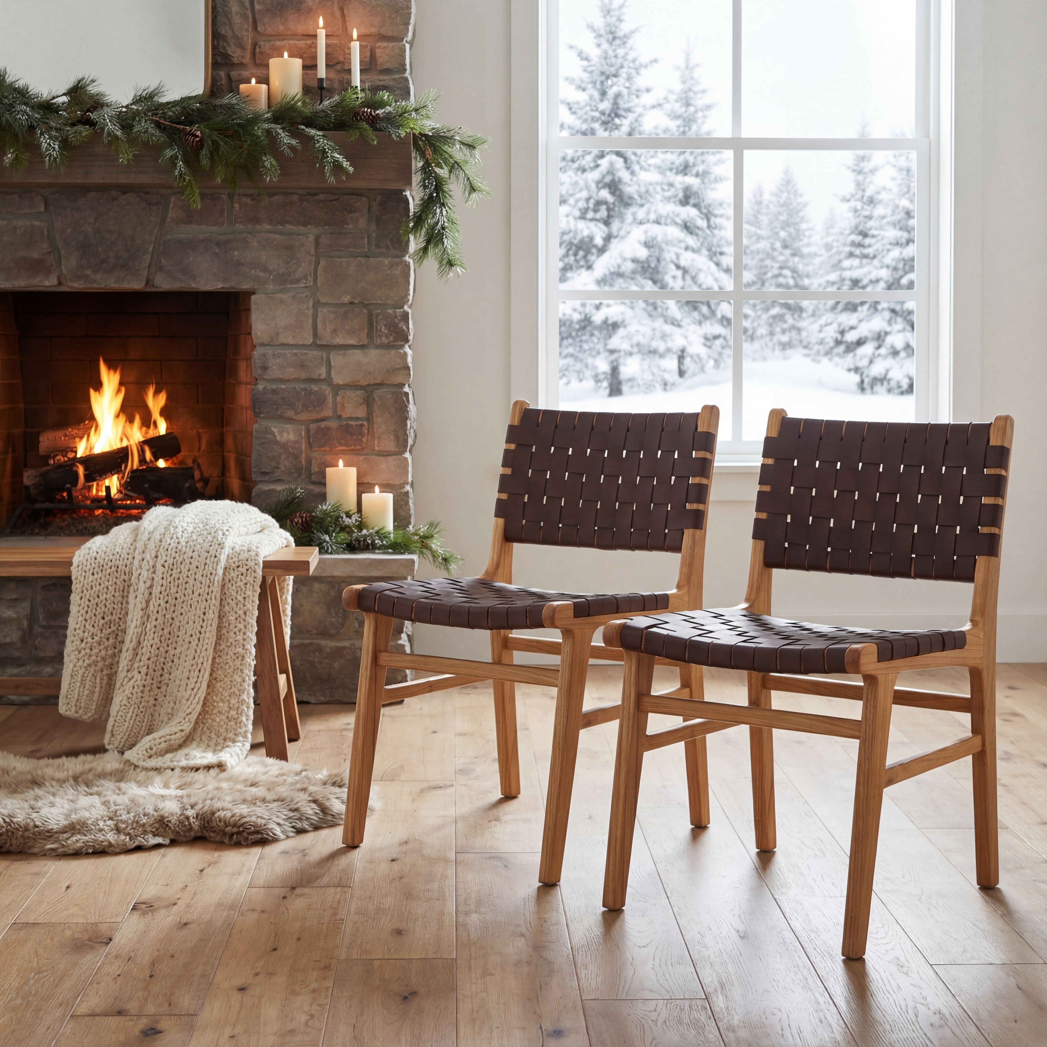 SAFAVIEH Taika Woven Leather Dining Chair, Cognac/Natural, Set of 2