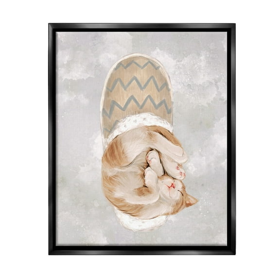 Stupell Industries Kitten Sleeping in Slipper Animals & Insects Painting Black Floater Framed Canvas Art Print Wall Art, 17 x 21