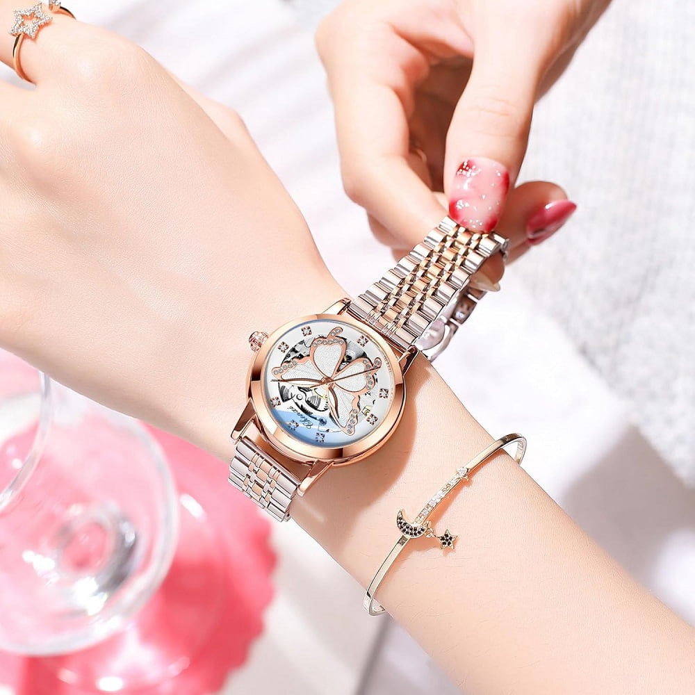 Women's Sapphire Watches Automatic Mechanical Gold Bracelet Ladies Skeleton Wrist Watch