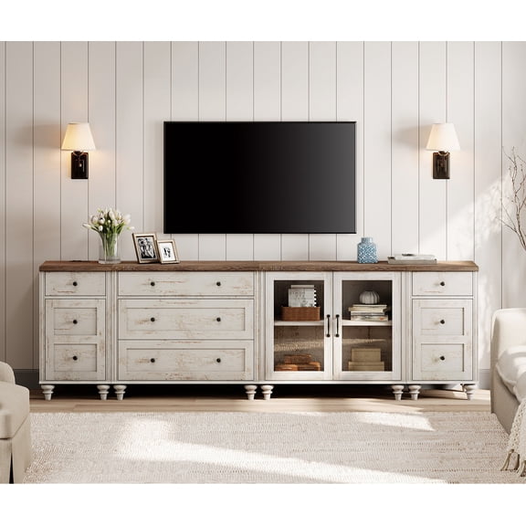 Farmhouse TV Stand for 100-Inch TVs, TV Console Table with 5 Drawers in Living Room, Entertainment Center with Charging Station, Living Room Sideboard Media Cabinet, Rustic White