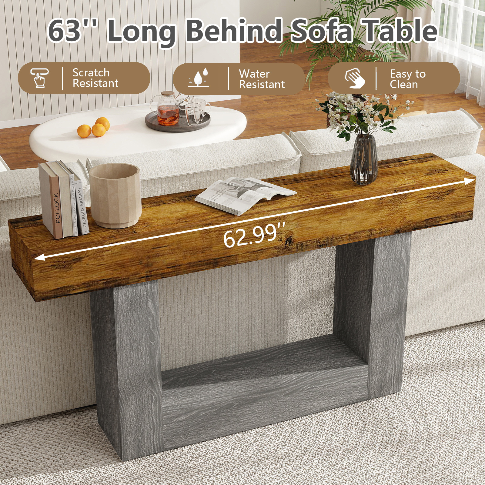 Hommoo 63" Wooden Console Table, Farmhouse 2-Tier Sofa Table, Entryway Table Hallway Table, Brown & Gray