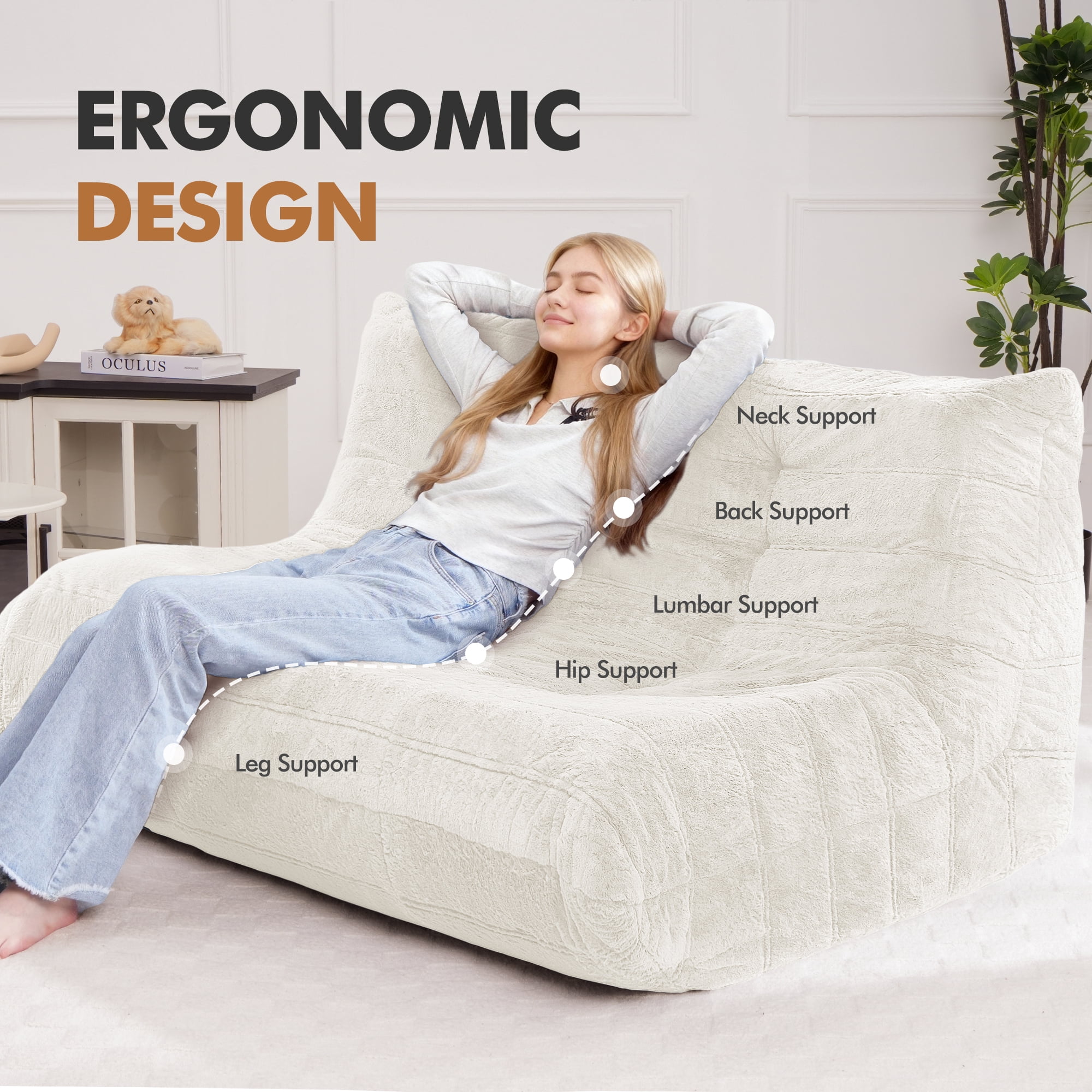 HARIPUL Bean Bag Loveseat Chair, Memory Foam Filled Plush Sofa Beanbag for Adults, Lounge Chair for Home or Gaming Room, Beige Plush