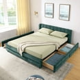 thumbnail image 2 of Queen Size Upholstered Bed with Storage Drawers, Low Profile Platform Bed Frame with Chenille Fabric Headboard, Modern Bedroom Furniture in Blue and Green., 2 of 8