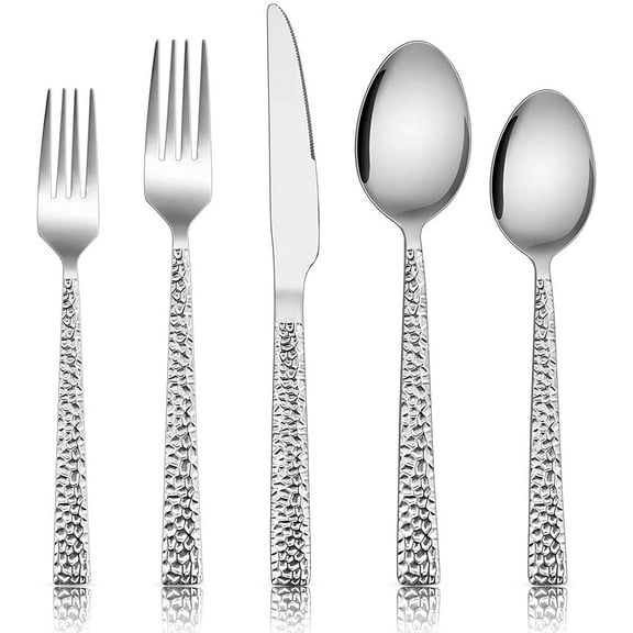 Hammered Silverware Set, 40-Piece Stainless Steel Square Flatware Set for 8, Metal Tableware Cutlery Includes Dinner Knives/Forks/Spoons, Modern Design & Mirror Polished - Dishwasher Safe