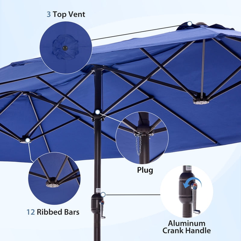 Gianna 15 FT Triple Head Patio Umbrella, 12-Rib Design with 135 SQ FT Coverage, UV50+ Waterproof Canopy Includes Sandbox Base for Outdoor Patio Camping，Navy Blue