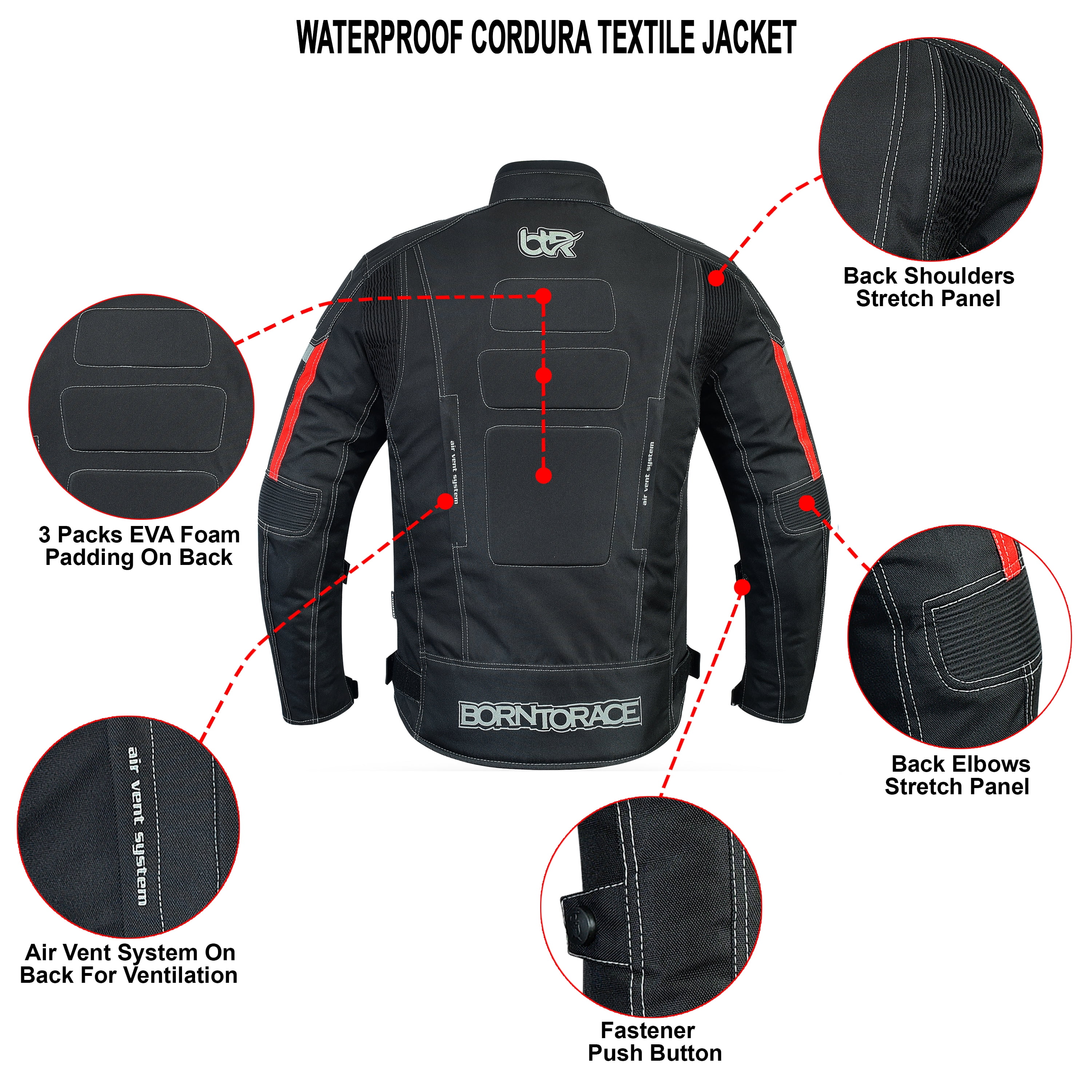 Men’s Waterproof Motorcycle Textile Jacket, All-Season Touring Riding Jacket with EVA Foam Padding, Air Vents, YKK Zipper, Adjustable Fit Black-M
