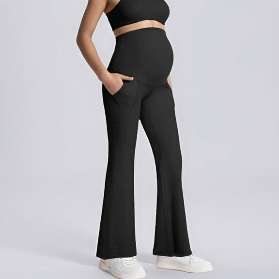 TYGHBN Maternity Flare Pants Over The Belly Work Pregnancy Pants Stretchy Wide Leg Trousers with Pockets Maternity Leggings plus Maternity Warm Clothes A Glow Maternity Maternal Pants Women Maternity