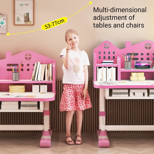 Yedigre 2Pcs/Set Multi Bookstand Widened Desktop Desk Chair Set Cartoon Pattern Kids Adjustable Height Study Drawer Table with Chair Set