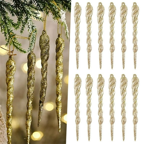 Christmas Snowflake Icicle Decorations 12PCS Gold Color Snowflake Icicles Ornaments Set Acrylic Christmas Ornaments for Christmas Tree Outdoor By Aousthop/ Christmas Colored Icicle Pendants