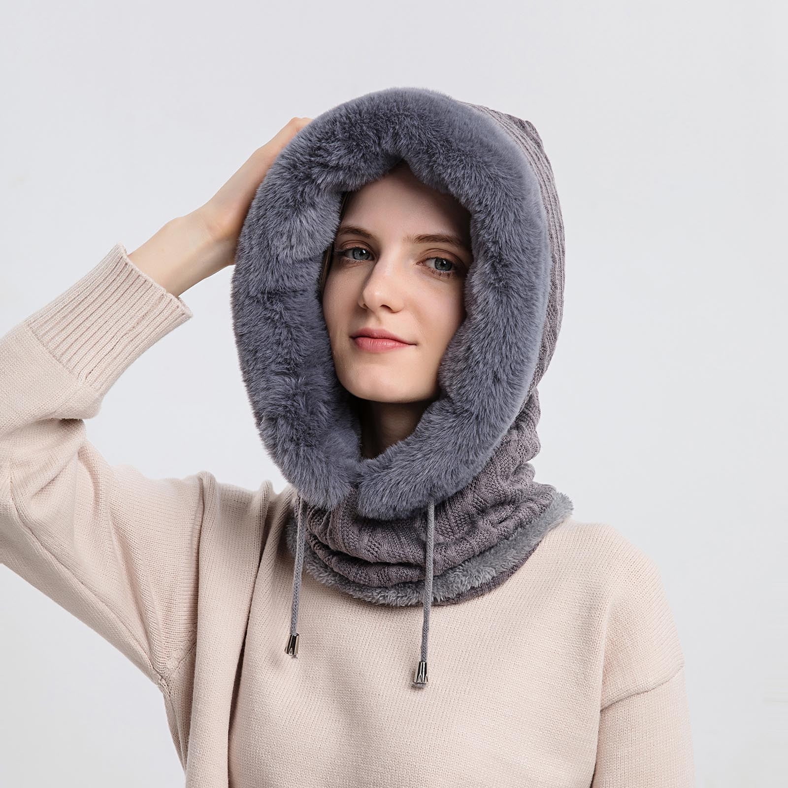 qolati Trapper Hat for Women Men with Mask Ear Flaps Knitted Windproof Winter Bomber Hats Cold Weather Warm Winter Faux Fur Hunting Balaclava Ski Hats