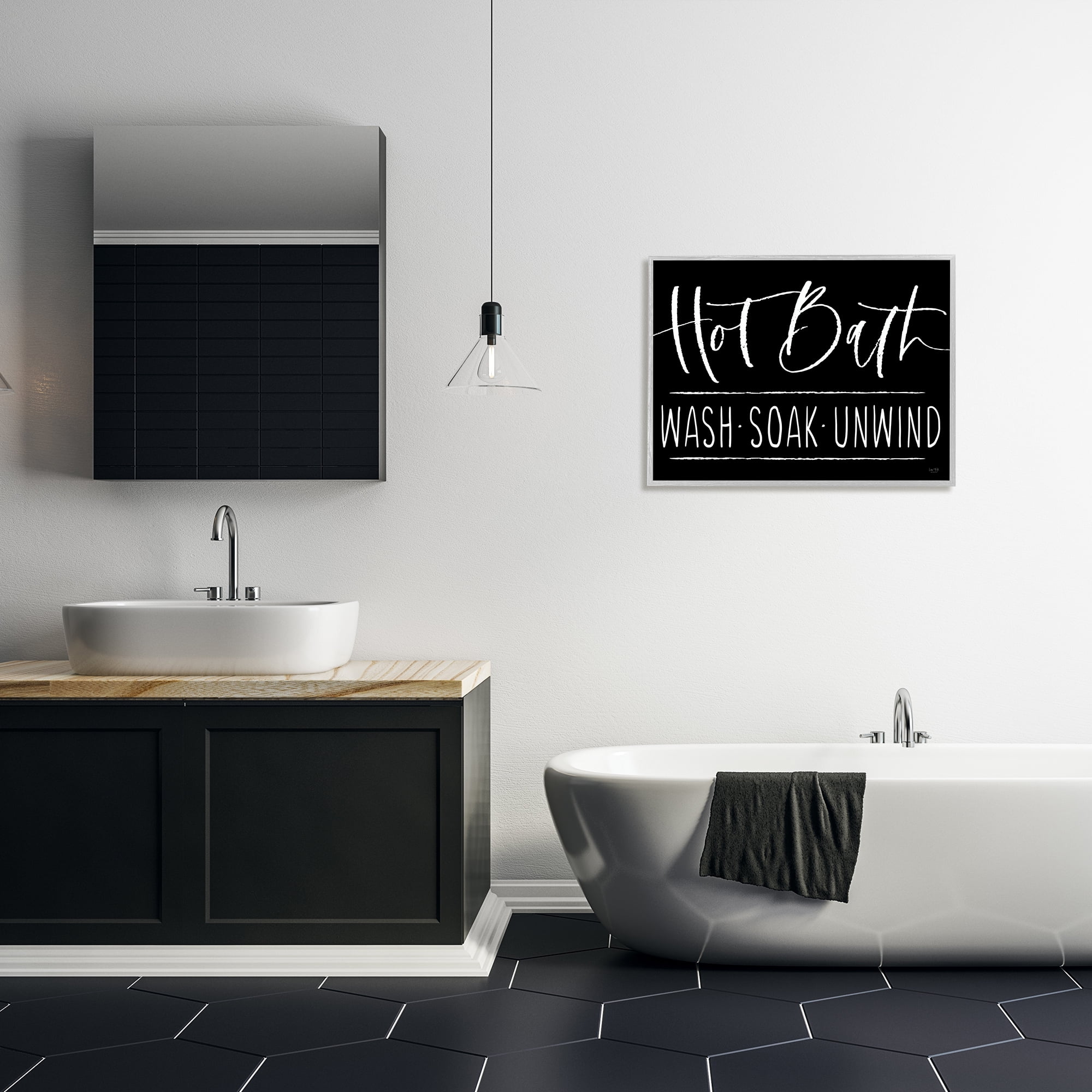 Stupell Industries Hot Bath Wash Soak Unwind Bathroom Typography Graphic Art Gray Framed Art Print Wall Art, Design by Lux + Me Designs
