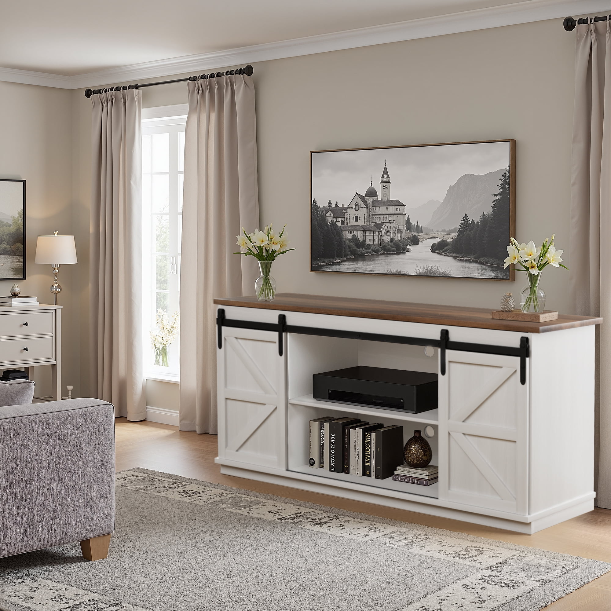 Vineego 58 inch Farmhouse TV Stand and Entertainment Center for Televisions,with Sliding Barn Doors and Storage Cabinets,Milk White