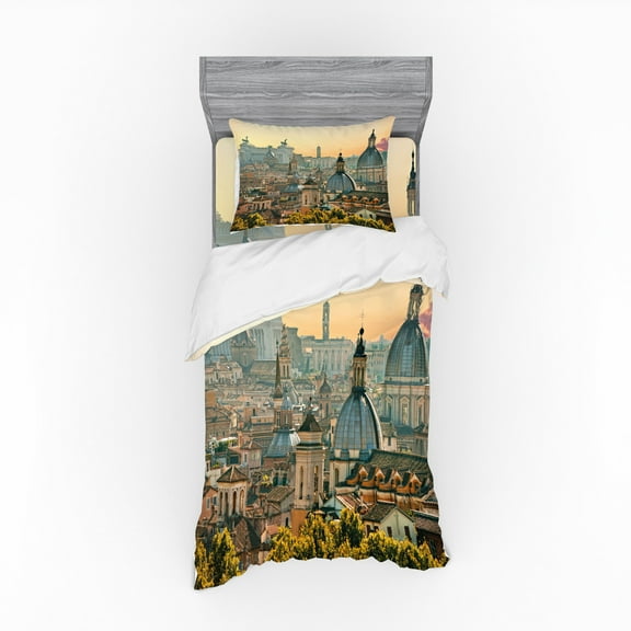 Ambesonne City Bedding Set 3 Pcs, Rome Historical Landmark, Twin XL, Pale Salmon Ivory Green