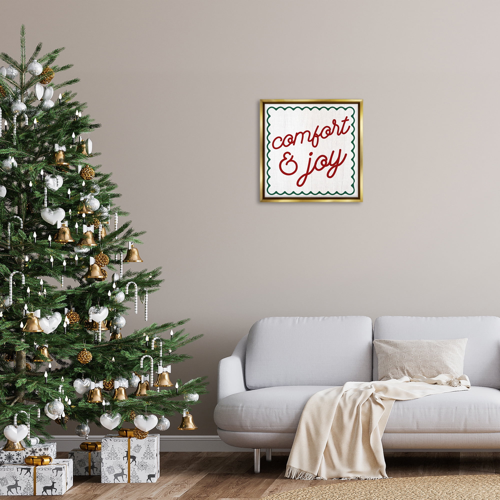 Stupell Industries Comfort & Joy Phrase Holiday Painting Gold Floater Framed Canvas Art Print Wall Art, 25 x 25