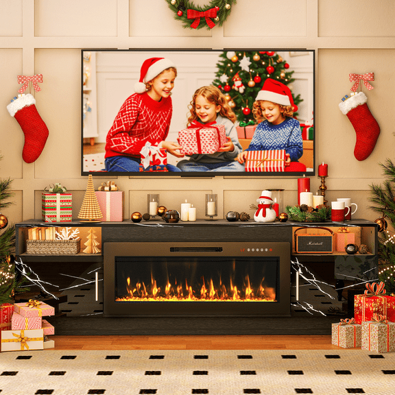 Ludatido 70" TV Stand with 36" Electric Fireplace, Electric Fireplace TV Stand for TVs Up to 80inch, Marble