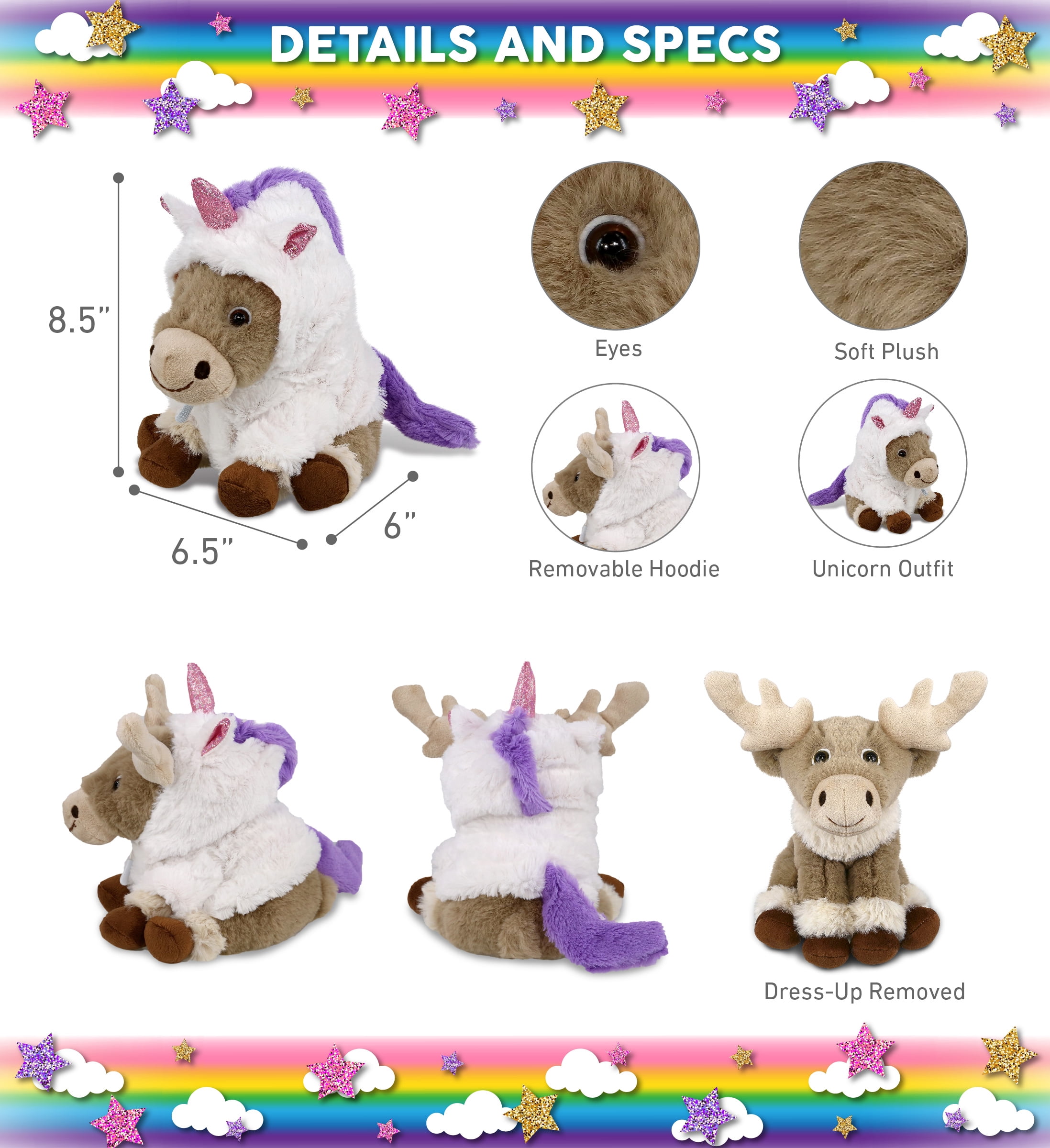 DolliBu Squat Reindeer Unicorn Plush Stuffed Animal Toy - Super Soft Reindeer Unicorn Dress Up with Removable Plush Unicorn Outfit, Cute Fantasy Wildlife Plush Gift for Kids and Adults - 8.5 Inches