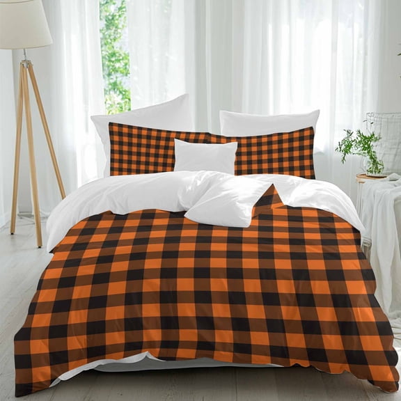 3 Piece Black Orange Plaid Duvet Cover Set Full Size, Microfiber Comforter/Quilt Cover with Corner Ties and 2 Pillowcases, Farmhouse Buffalo Check Gingham All Season Soft Bedding with Zipper Closure