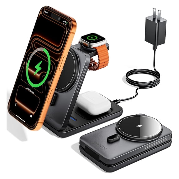 Petyoung Foldable 3-in-1 Magnetic Wireless Charging Station, Fast Charging Dock, Compatible with iPhone 17/16/15/14/13/12 Series/Apple Watch/AirPods