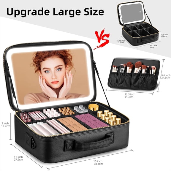 Upgraded Large Travel Makeup Bag with LED Mirror, 15" Professional Cosmetic  with 3 Color Modes Dimming Light